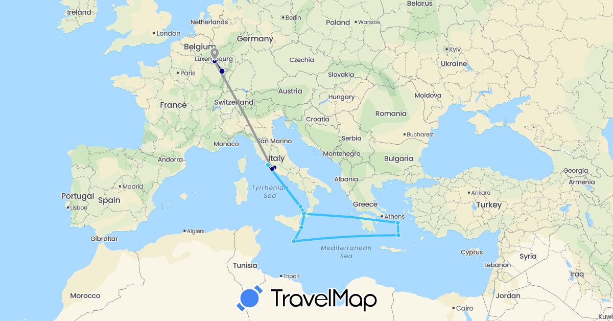 TravelMap itinerary: driving, plane, boat in France, Greece, Italy, Luxembourg, Malta (Europe)